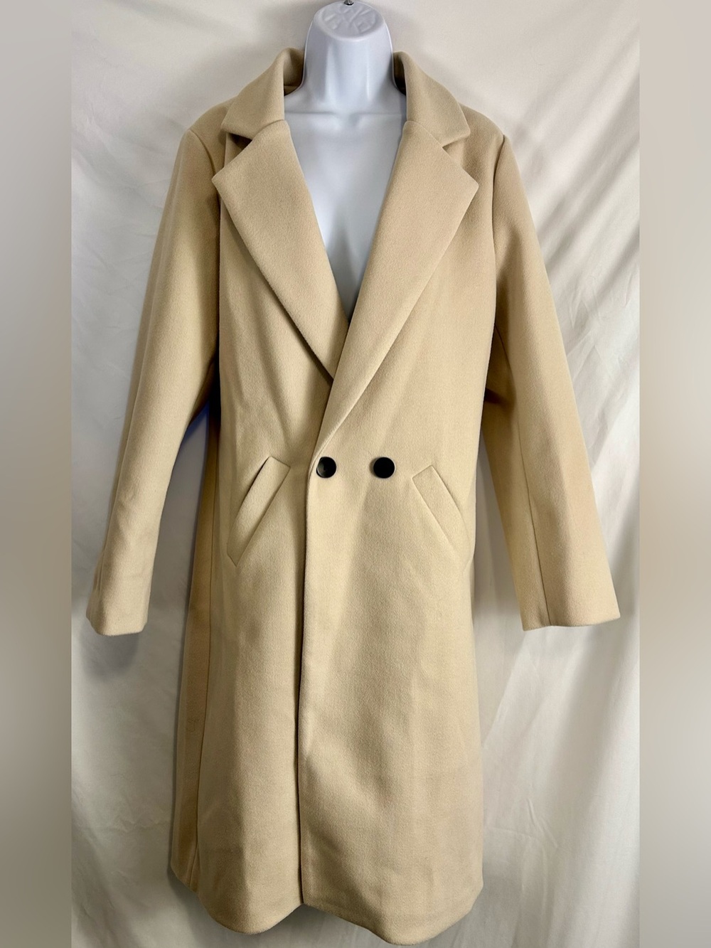 Women’s L Cream Double Breasted Long Coat Wool Blend Lapel Pockets